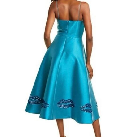 Sachin & Babi Tea length Gown-size 12-teal, metallic sequin lips formal $795 - Picture 2 of 9